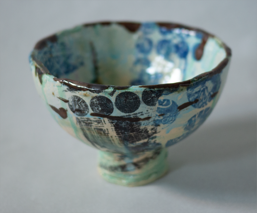 ceramic bowl artwork collage london experimental glazing,black, turquise, blue, beige