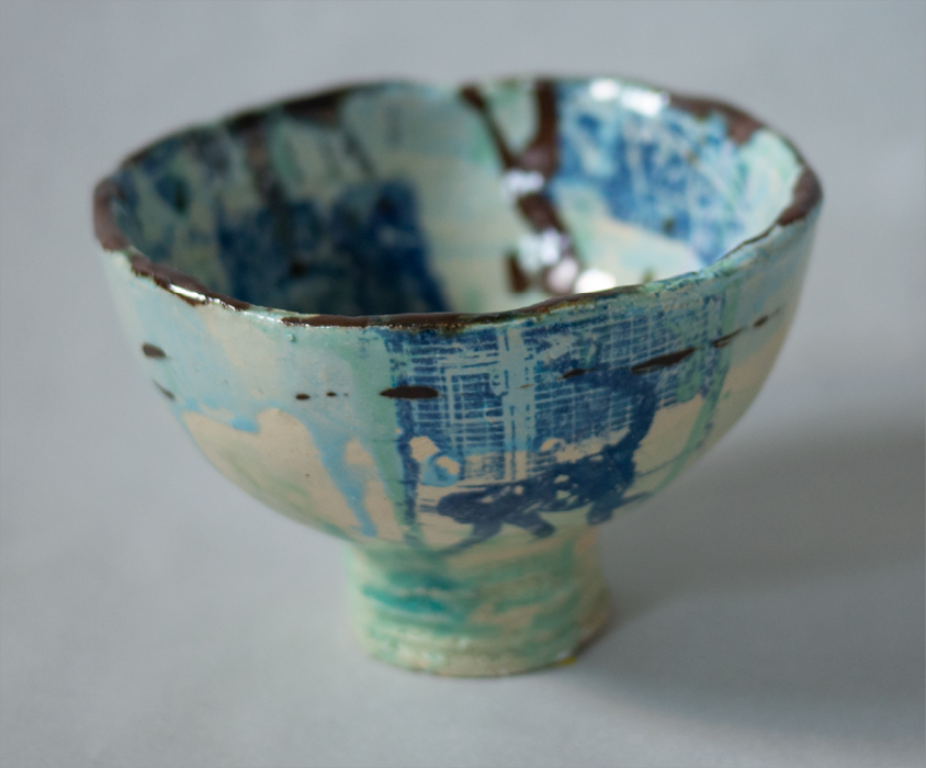 ceramic bowl artwork collage london berlin burma experimental glazing, black, turquoise, blue, beige