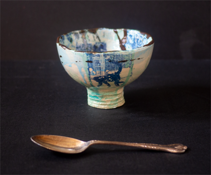 ceramic bowl artwork collage london berlin burma experimental glazing, black, turquoise, blue, beige