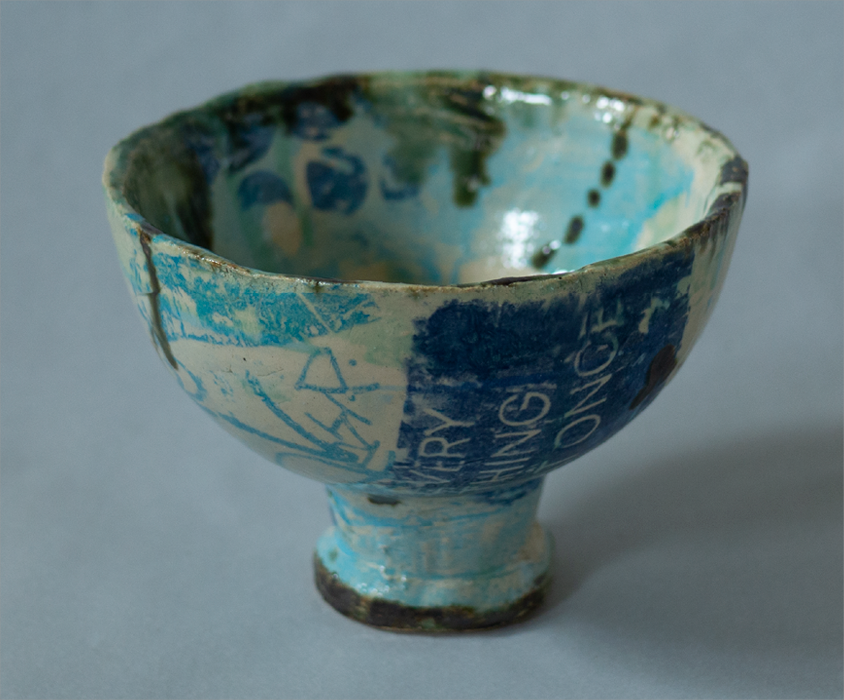 ceramic bowl artwork collage london experimental glazing, black, turquoise, blue, beige