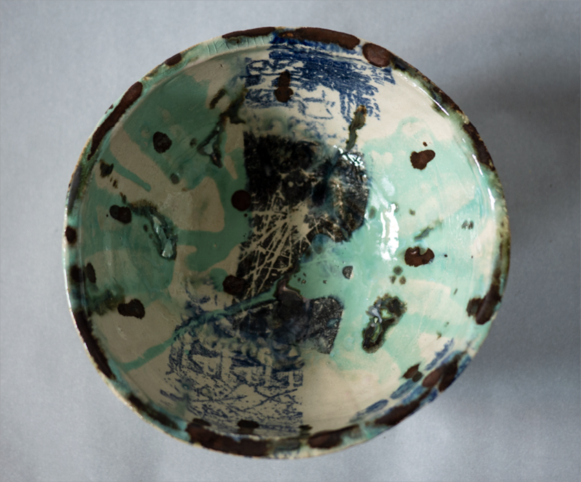 ceramic bowl artwork collage london experimental glazing,black, turquise, blue, beige, noir