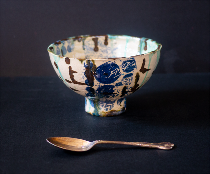 ceramic bowl artwork collage berlin experimental glazing,black, turquise, blue, beige, noir
