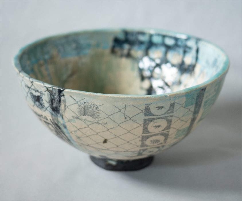 ceramic bowl artwork collage burma experimental glazing,black, turquoise, blue, beige