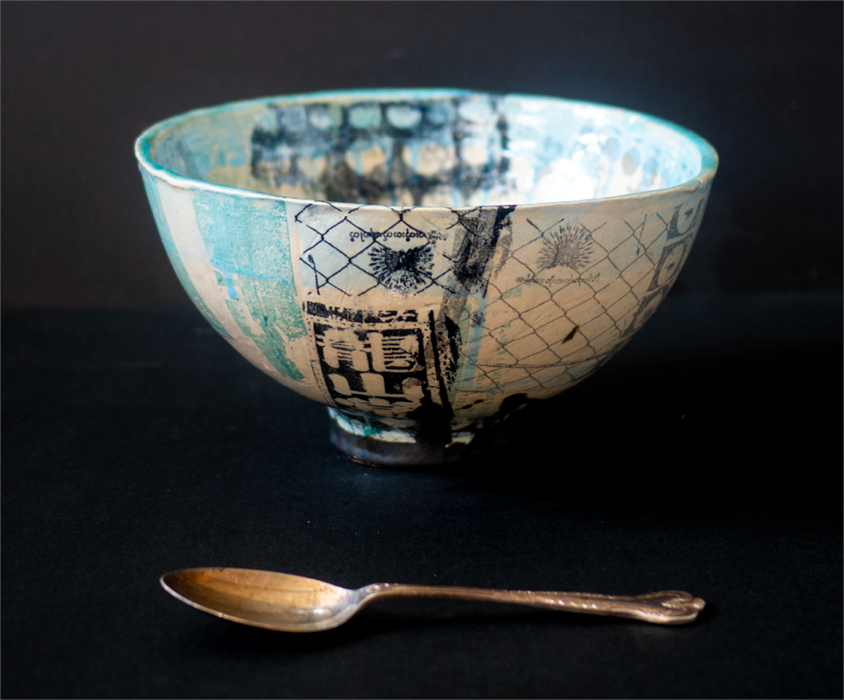 ceramic bowl artwork collage burma experimental glazing,black, turquoise, blue, beige