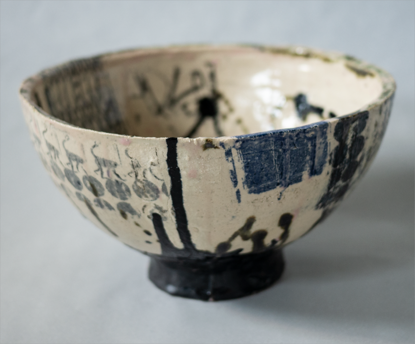 ceramic bowl artwork collage berlin london burma experimental glazing, black, blue, rose, beige