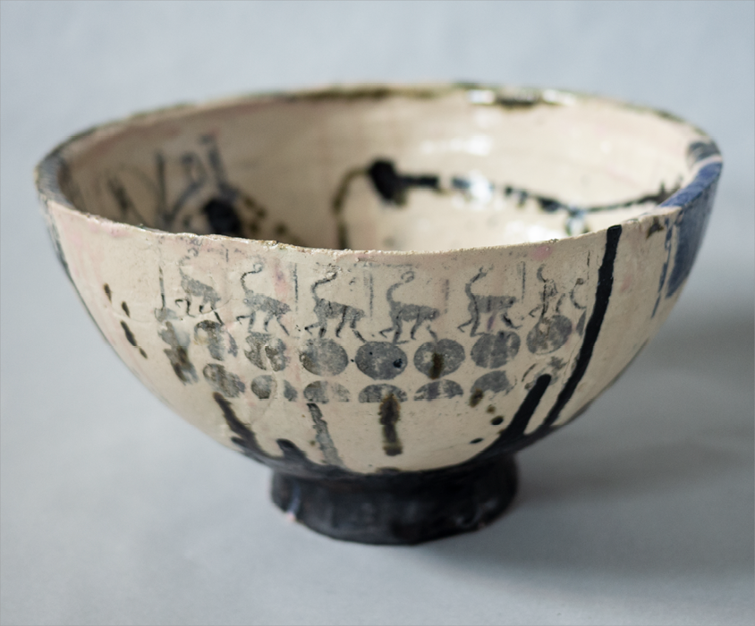 ceramic bowl artwork collage berlin london burma experimental glazing, black, blue, rose, beige